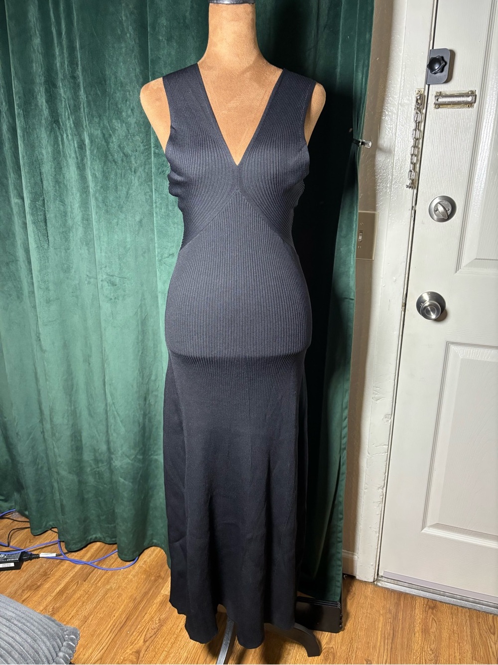 Zara Black Ribbed V-Neck Maxi Dress